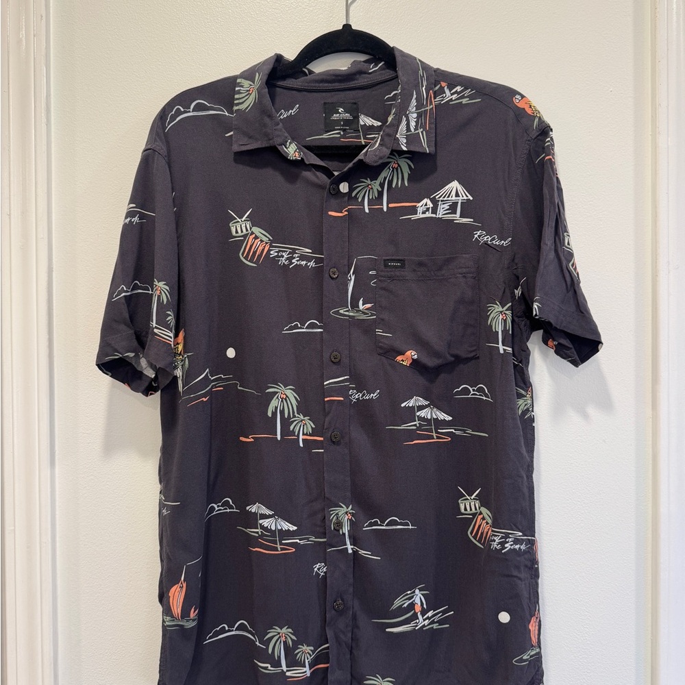 Rip Curl Men's Hawaiian Black Patterned Button Down Short Sleeve Shirt Small